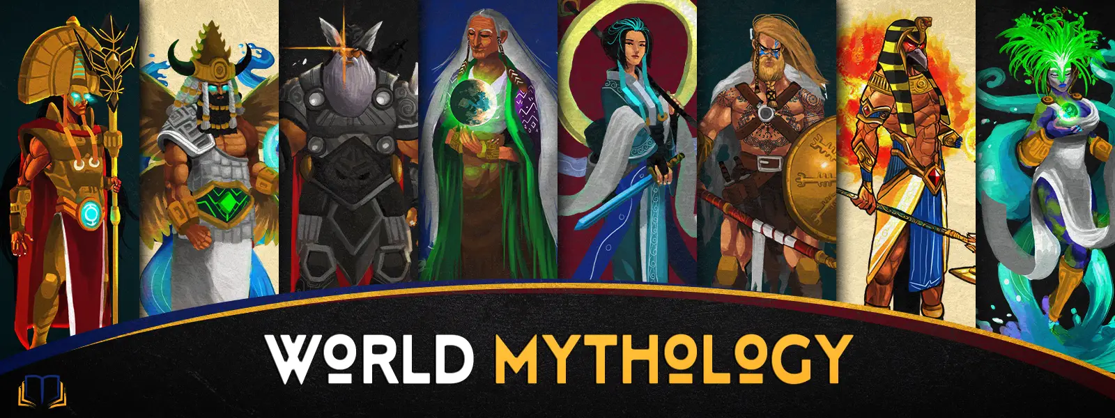 banner image with figures from all different world mythologies